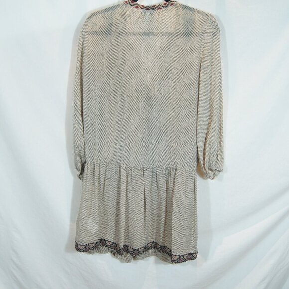 Joie | 100 % Silk Boho Peasant Dress Beige Black Embroidered | Size S - Picture 5 of 8